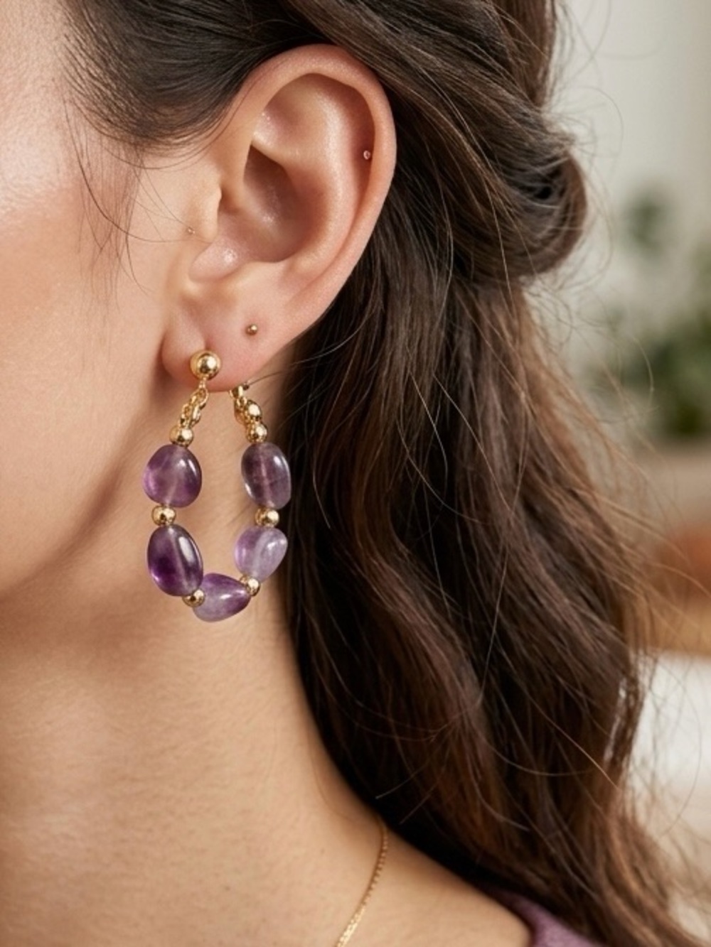 18 Kt Gold plated Amethyst Hoop Earrings - Women Jewelry